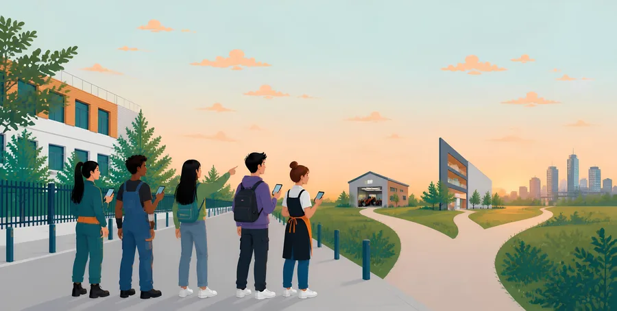 Dessin : cinq jeunes regardent un chemin qui se sépare, vers un atelier et vers la ville.