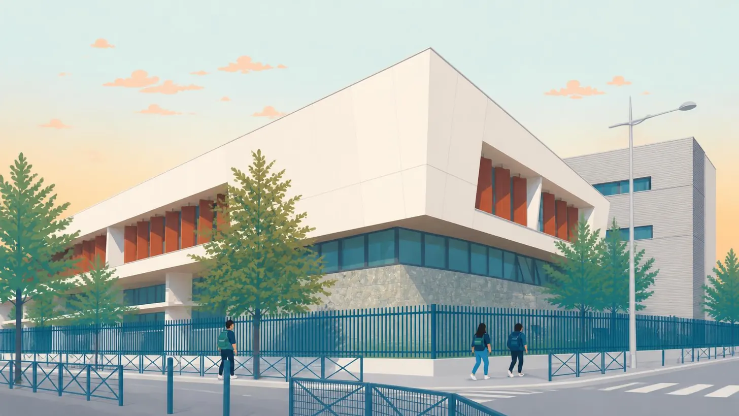 Dessin du lycée au coucher du soleil : le grand volume blanc en avancée, les volets rouge brique et le bas du bâtiment en pierre grise.